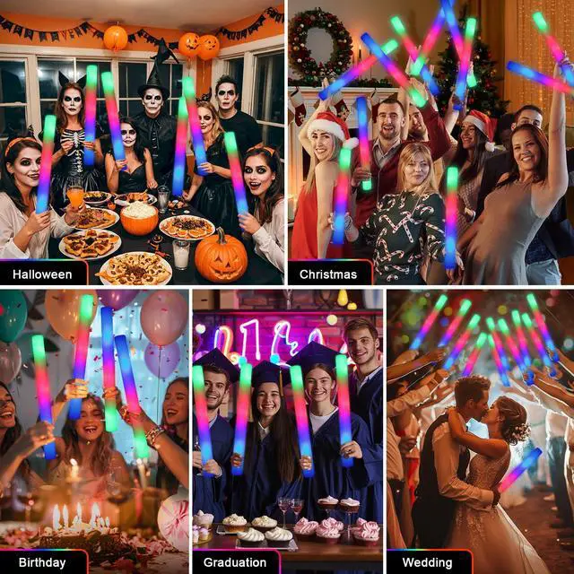 Alt view image 6 of 7 - wellent 64 Pack Foam Glow Sticks, Bulk LED Foam Sticks, Foam Light Up Sticks with 3 Mode Colorful Flashing, Glow Party Supplies, Glow Sticks Bulk Party Pack for Wedding, Birthday, Concert, Halloween