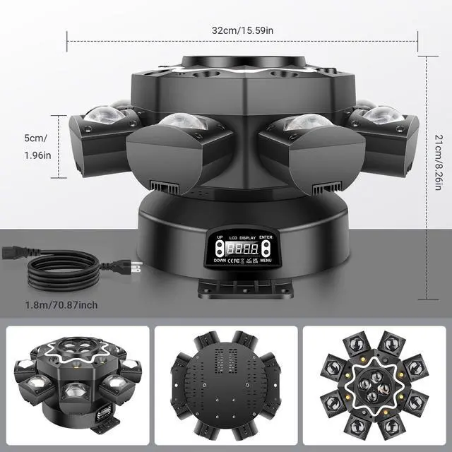 Alt view image 7 of 7 - 200W 8-Arm Bee Eye Moving Head Stage Light for DJ Party | Remote & DMX512, Sound Activated, Red/Green Starry, White & Amber Strobe. For Wedding, Disco, Club, Bar, Events.