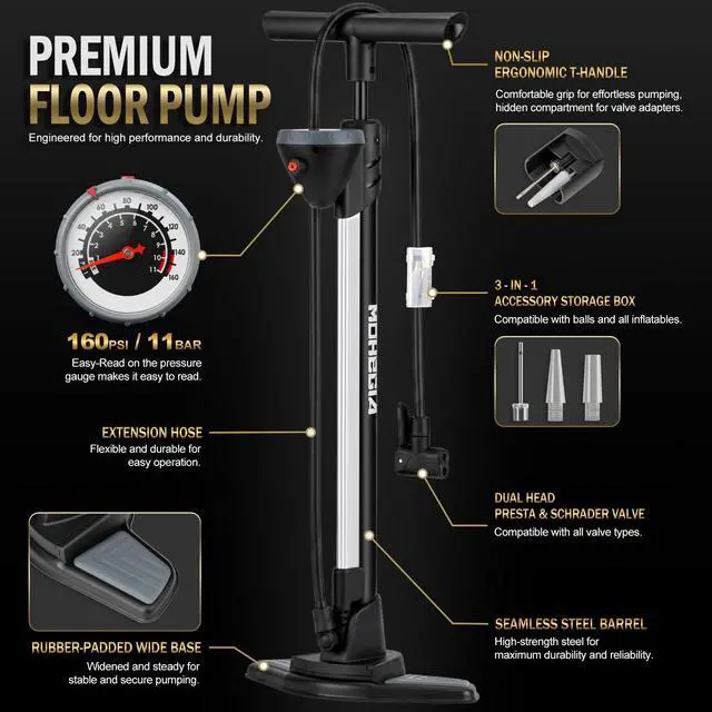 Alt view image 4 of 7 - Bike Floor Pump,Fits Schrader and Presta Valve,160 Psi Max | with Top-Mounted Gauge & Air Bleed Button, 25" Tall Stand Upright Inflator MTB Road Bicycles,Needles for Balls & Floats