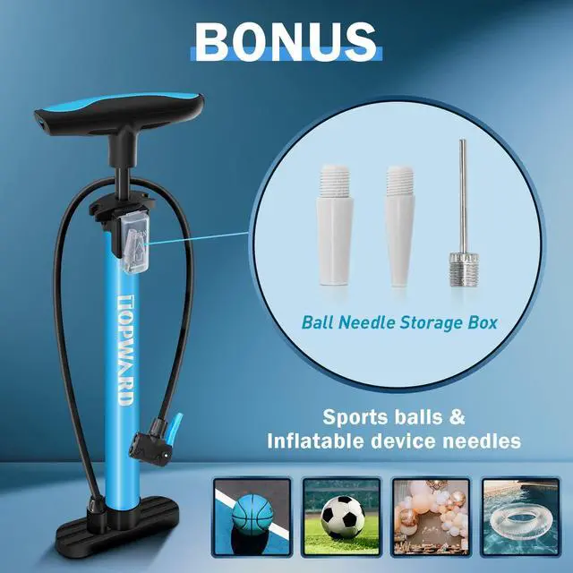 Alt view image 2 of 7 - Bicycle Tire Pump Portable, Hand Air Pump for Bike Exercise Balls Inflatables, Fits Presta & Schrader Valve, Bike Floor Pump with Ball Pump Needle for Soccer Volleyball Basketball Inflator