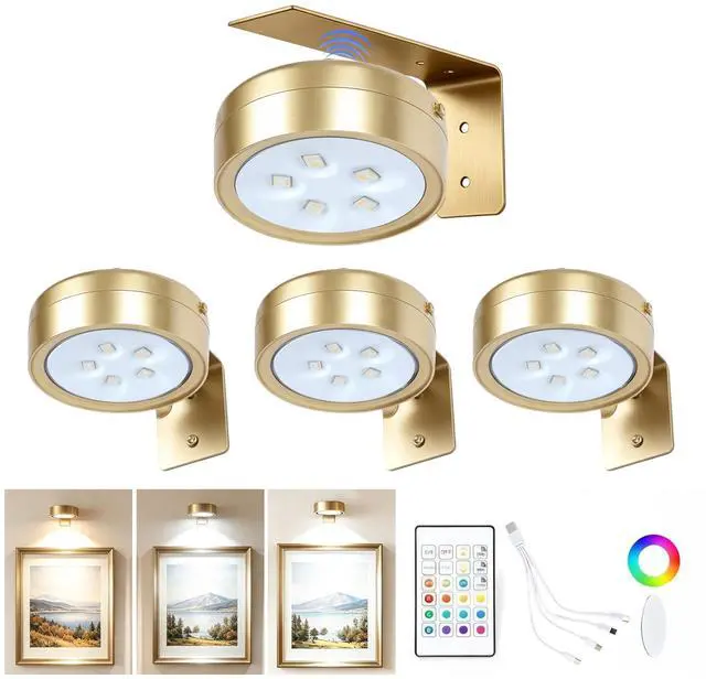 Main image of 4 Pack Picture Lights for Wall, Rechargeable Magnetic Art Display Lights | 2200mAh Battery, 3 CCT & 12 RGB, Dimmable & Timer, Decor LED Light for Painting, Photo Frame, Gallery & Wall Decor