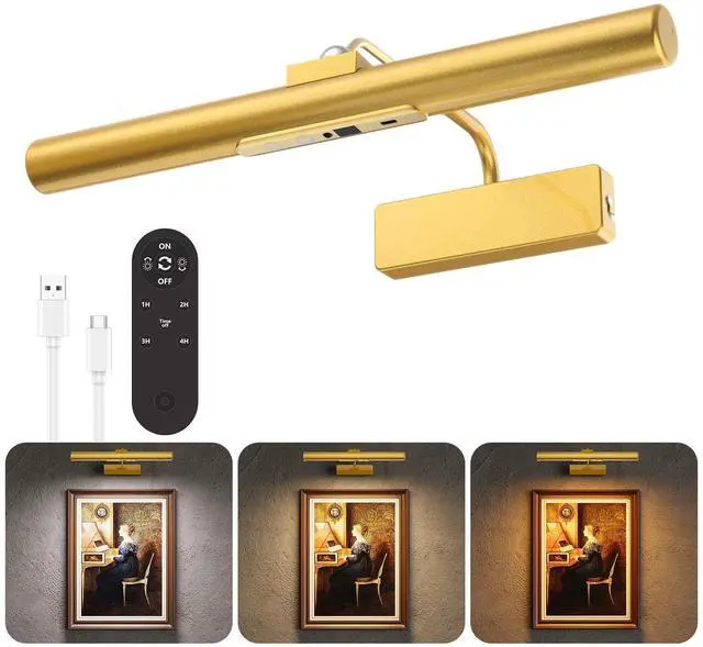 Main image of Skairipa 13" Rechargeable Picture Light for Wall with Remote, Gold 1-Pack | wireless, 6000mAh battery, 3 color temps, with timer, Dimmable LED wall lights for art painting, frames, gallery, living roo