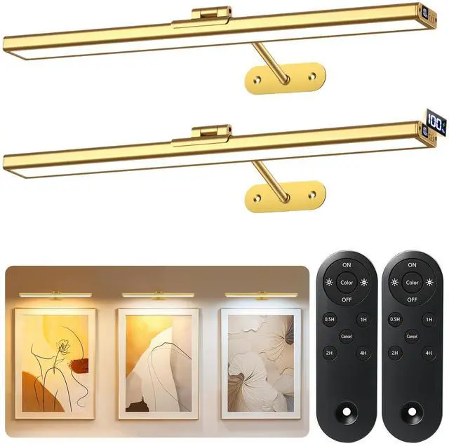 Main image of Picture Lights for Wall, 16inch Rechargeable Art Light with Remote, 2Pack | Wireless, 4800mAh Battery Operated, 3 Color Temps Dimmable, Magnetic, LED Wall Lights for Painting Photo Frame Gallery, Gold