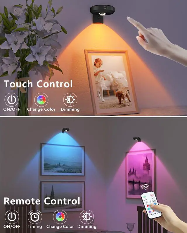 Alt view image 4 of 6 - WILLED Rechargeable Lights for Pictures on Wall,RGB Puck Lights with Remote | 9 RGB Colors Poster Lights,Dimmable with Timer, Battery Operated Wireless Art Display Lighting for Painting,Frames,Wall De