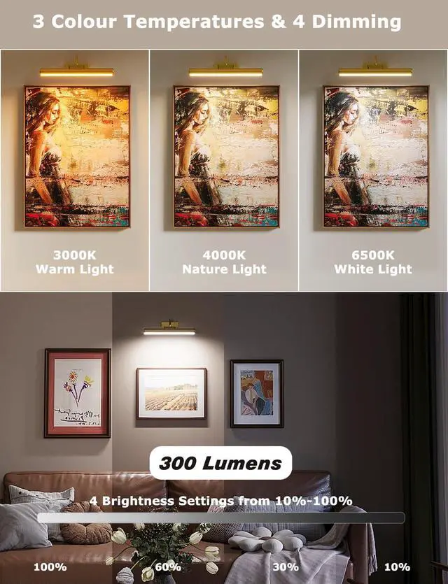 Alt view image 2 of 7 - 13" Wireless Picture Lights for Wall, Rechargeable Art Light, 2Pack Gold | Aluminum Photo Frame Light, Remote & Touch Control, 5000mAh Battery, 3 Color Temp, Dimmable, Magnetic Gallery Painting Light