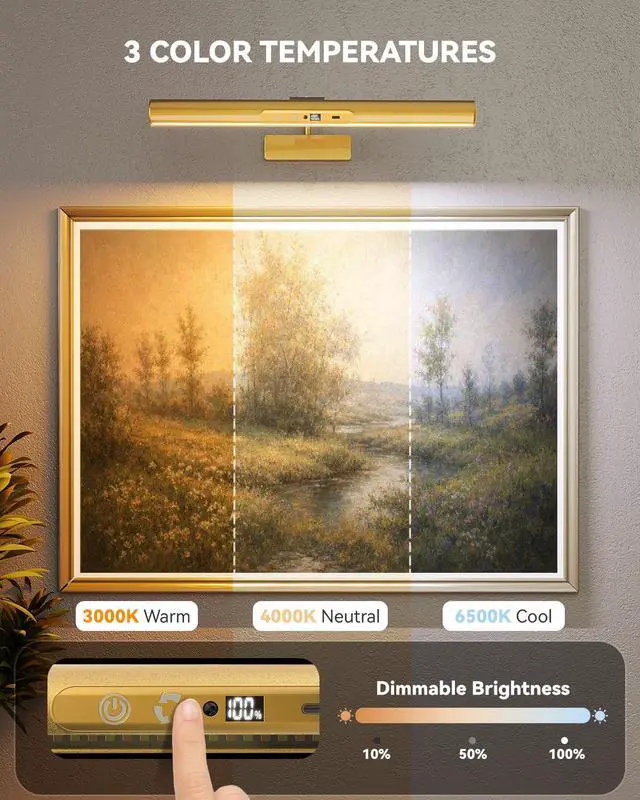Alt view image 2 of 7 - Skairipa 13" Rechargeable Picture Light for Wall with Remote, Gold 1-Pack | wireless, 6000mAh battery, 3 color temps, with timer, Dimmable LED wall lights for art painting, frames, gallery, living roo