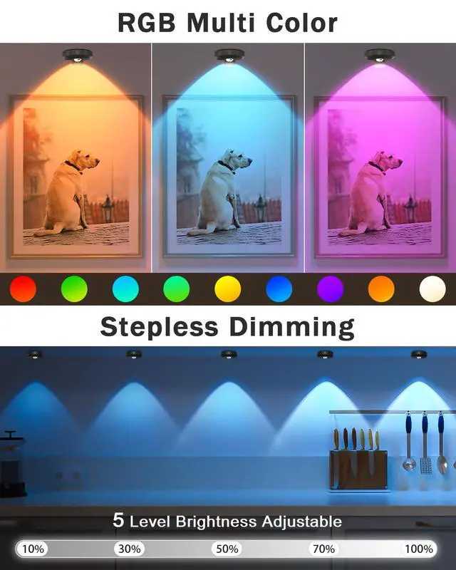 Alt view image 5 of 6 - WILLED Rechargeable Lights for Pictures on Wall,RGB Puck Lights with Remote | 9 RGB Colors Poster Lights,Dimmable with Timer, Battery Operated Wireless Art Display Lighting for Painting,Frames,Wall De