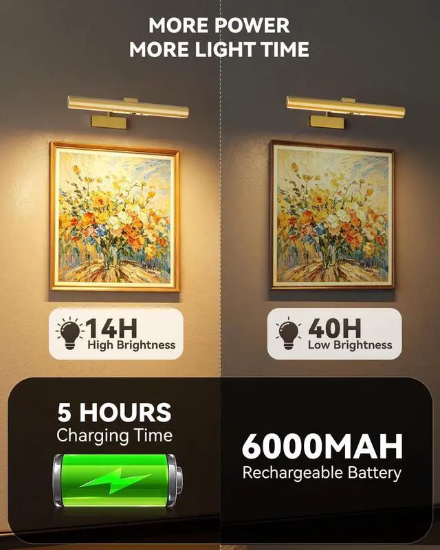 Alt view image 3 of 7 - Skairipa 13" Rechargeable Picture Light for Wall with Remote, Gold 1-Pack | wireless, 6000mAh battery, 3 color temps, with timer, Dimmable LED wall lights for art painting, frames, gallery, living roo