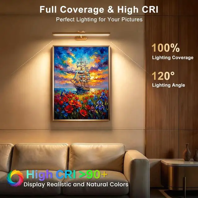 Alt view image 2 of 7 - Picture Lights for Wall, 16inch Rechargeable Art Light with Remote, 2Pack | Wireless, 4800mAh Battery Operated, 3 Color Temps Dimmable, Magnetic, LED Wall Lights for Painting Photo Frame Gallery, Gold