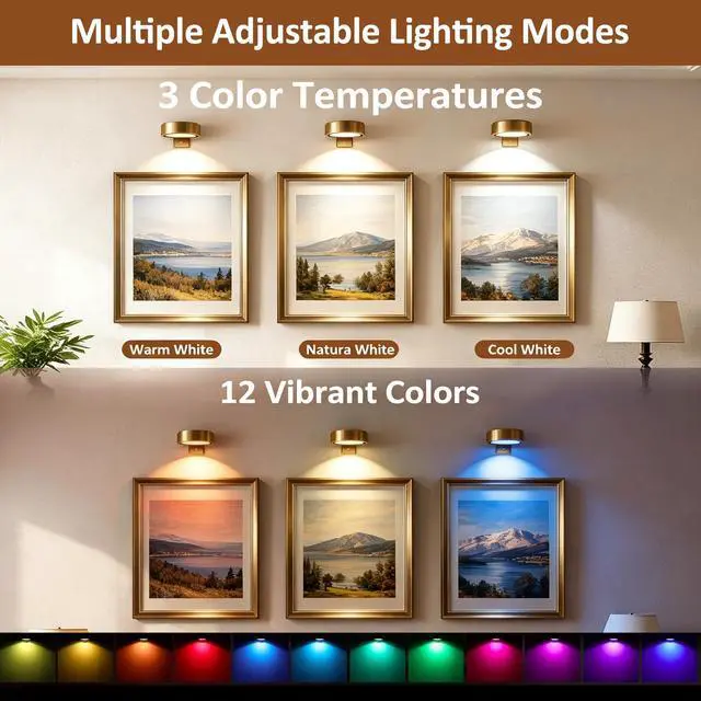 Alt view image 3 of 7 - 4 Pack Picture Lights for Wall, Rechargeable Magnetic Art Display Lights | 2200mAh Battery, 3 CCT & 12 RGB, Dimmable & Timer, Decor LED Light for Painting, Photo Frame, Gallery & Wall Decor
