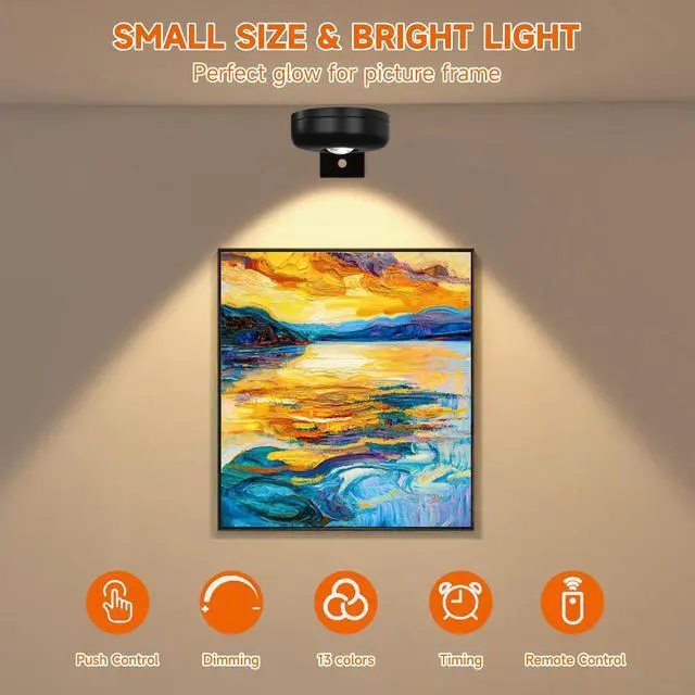 Alt view image 2 of 7 - Battery Operated Painting Light, Magnetic Picture Light with Remote Dimmable and Timer, 13 Color RGB Wall Decor Puck Lights,Art Display Light for Picture Frame Paintings 6 Black
