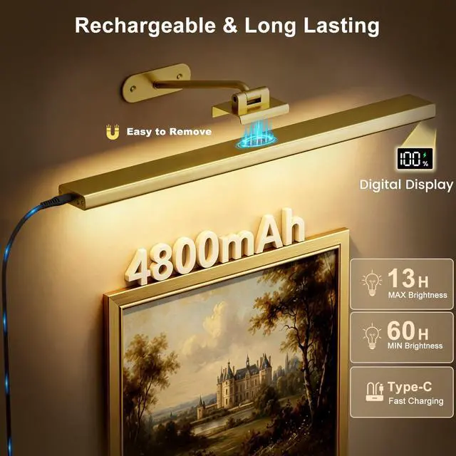 Alt view image 3 of 7 - Picture Lights for Wall, 16inch Rechargeable Art Light with Remote, 2Pack | Wireless, 4800mAh Battery Operated, 3 Color Temps Dimmable, Magnetic, LED Wall Lights for Painting Photo Frame Gallery, Gold