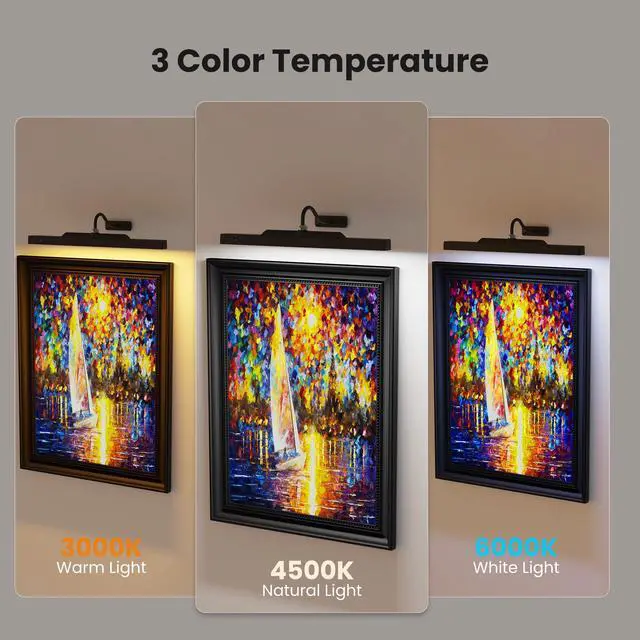 Alt view image 3 of 7 - Dimmable Cordless Picture Light for Wall 16in, 5000mAh Rechargeable Battery Wall Sconce Art Light, CRI 95+ 350LM Wall Light for Gallery Artwork, Paintings, Photo,Portraits - Black