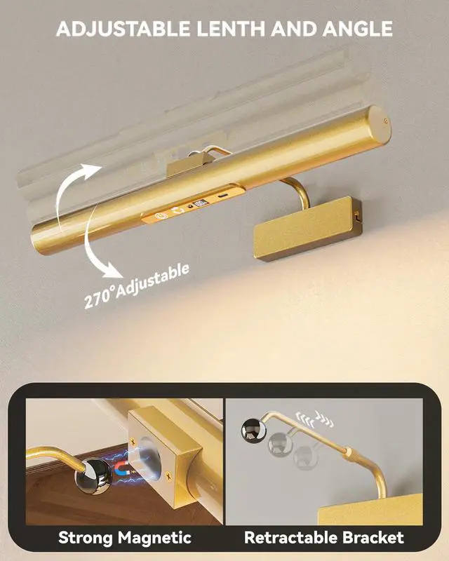 Alt view image 4 of 7 - Skairipa 13" Rechargeable Picture Light for Wall with Remote, Gold 1-Pack | wireless, 6000mAh battery, 3 color temps, with timer, Dimmable LED wall lights for art painting, frames, gallery, living roo