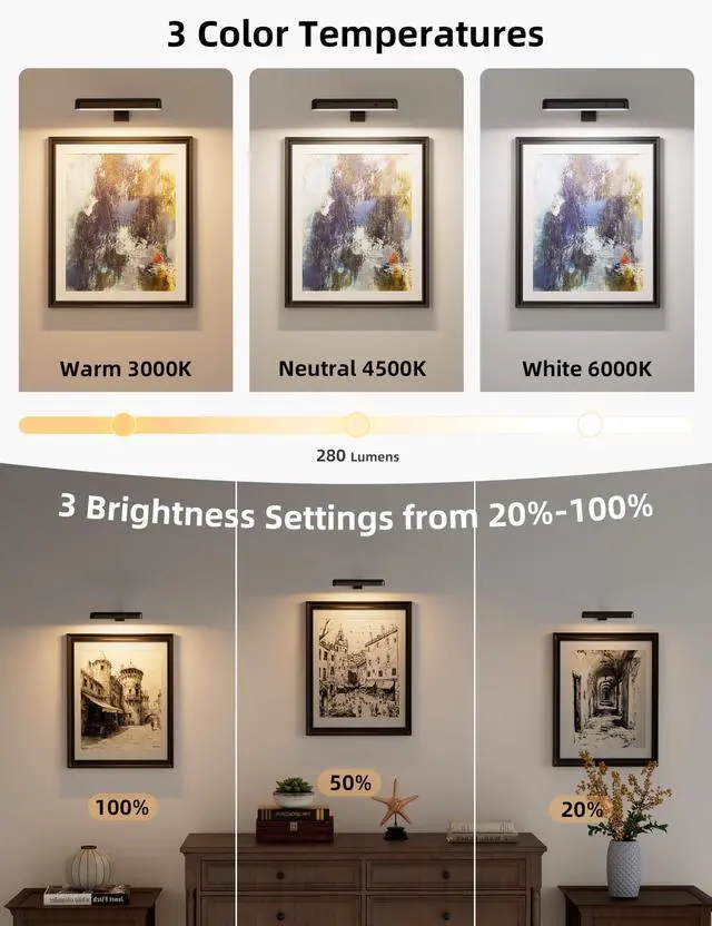 Alt view image 3 of 7 - Picture Light for Wall, Cordless Rechargeable Picture Light, 3 Pack Black | 3 Color Temperatures Rechargable Picture Light Battery Operated, Cordless Picture Light with Remote, Art Light for Paintings