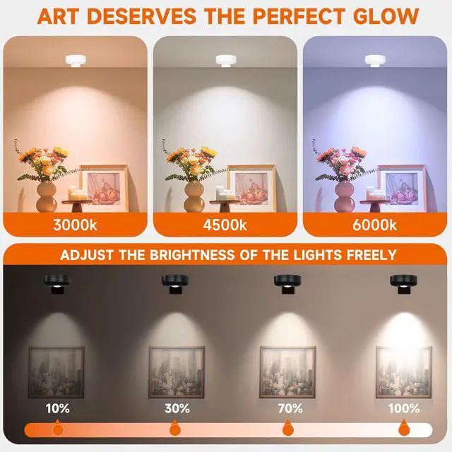 Alt view image 3 of 7 - Battery Operated Painting Light, Magnetic Picture Light with Remote Dimmable and Timer, 13 Color RGB Wall Decor Puck Lights,Art Display Light for Picture Frame Paintings 6 Black