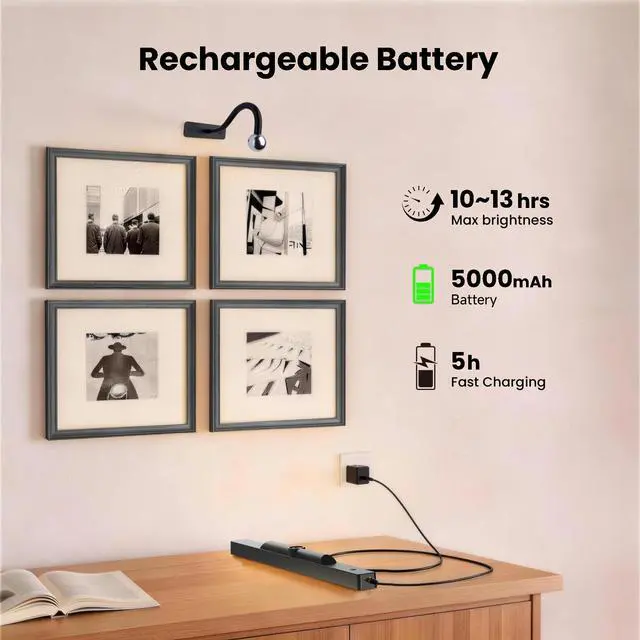 Alt view image 4 of 7 - Dimmable Cordless Picture Light for Wall 16in, 5000mAh Rechargeable Battery Wall Sconce Art Light, CRI 95+ 350LM Wall Light for Gallery Artwork, Paintings, Photo,Portraits - Black