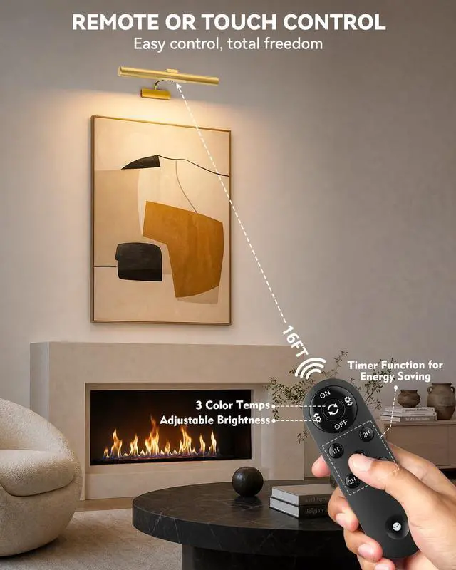 Alt view image 5 of 7 - Skairipa 13" Rechargeable Picture Light for Wall with Remote, Gold 1-Pack | wireless, 6000mAh battery, 3 color temps, with timer, Dimmable LED wall lights for art painting, frames, gallery, living roo