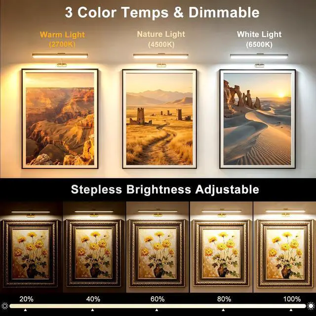 Alt view image 4 of 7 - Picture Lights for Wall, 16inch Rechargeable Art Light with Remote, 2Pack | Wireless, 4800mAh Battery Operated, 3 Color Temps Dimmable, Magnetic, LED Wall Lights for Painting Photo Frame Gallery, Gold