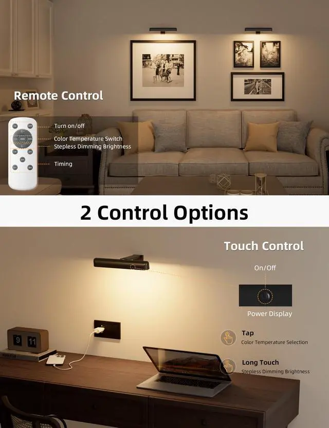 Alt view image 4 of 7 - Picture Light for Wall, Cordless Rechargeable Picture Light, 3 Pack Black | 3 Color Temperatures Rechargable Picture Light Battery Operated, Cordless Picture Light with Remote, Art Light for Paintings