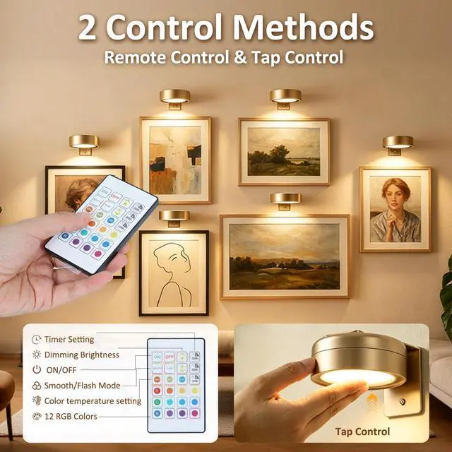 Alt view image 5 of 7 - 4 Pack Picture Lights for Wall, Rechargeable Magnetic Art Display Lights | 2200mAh Battery, 3 CCT & 12 RGB, Dimmable & Timer, Decor LED Light for Painting, Photo Frame, Gallery & Wall Decor