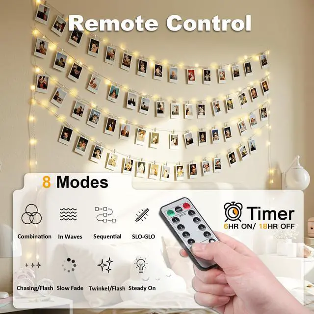Alt view image 2 of 7 - Photo Clip String Lights 33FT 100 LED Fairy Lights Bedroom Dorm | 45 clear clips, remote, USB and battery powered design. Perfect for bedroom, dorm, party and memory wall decor