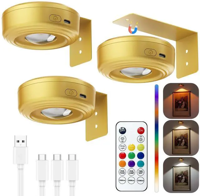 Main image of 3.3" Picture Lights for Wall Spotlight, 2000mAh Rechargeable, 3Pack, Gold