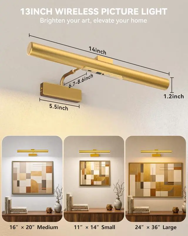 Alt view image 6 of 7 - Skairipa 13" Rechargeable Picture Light for Wall with Remote, Gold 1-Pack | wireless, 6000mAh battery, 3 color temps, with timer, Dimmable LED wall lights for art painting, frames, gallery, living roo