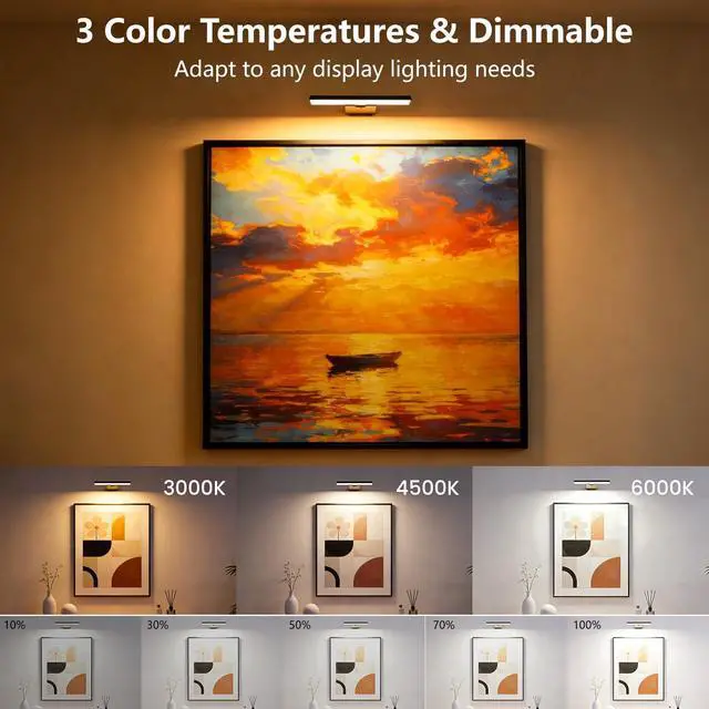Alt view image 2 of 7 - Kitloo Picture Lights for Wall, 6000mAh Rechargeable Battery Powered, Remote Control Wall Sconces with 3 Colors & Dimmable, LED Art Lights for Paintings, Gallery, Dartboard