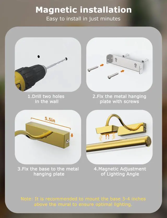 Alt view image 6 of 7 - 13" Wireless Picture Lights for Wall, Rechargeable Art Light, 2Pack Gold | Aluminum Photo Frame Light, Remote & Touch Control, 5000mAh Battery, 3 Color Temp, Dimmable, Magnetic Gallery Painting Light