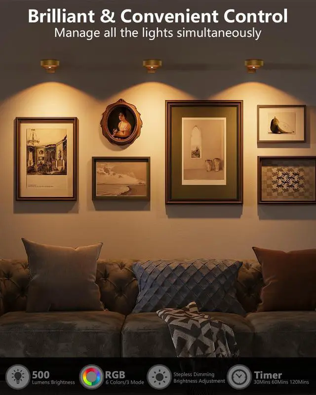 Alt view image 2 of 7 - 3.3" Picture Lights for Wall Spotlight, 2000mAh Rechargeable, 3Pack, Gold