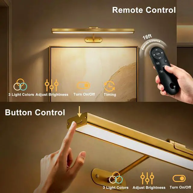 Alt view image 6 of 7 - Picture Lights for Wall, 16inch Rechargeable Art Light with Remote, 2Pack | Wireless, 4800mAh Battery Operated, 3 Color Temps Dimmable, Magnetic, LED Wall Lights for Painting Photo Frame Gallery, Gold