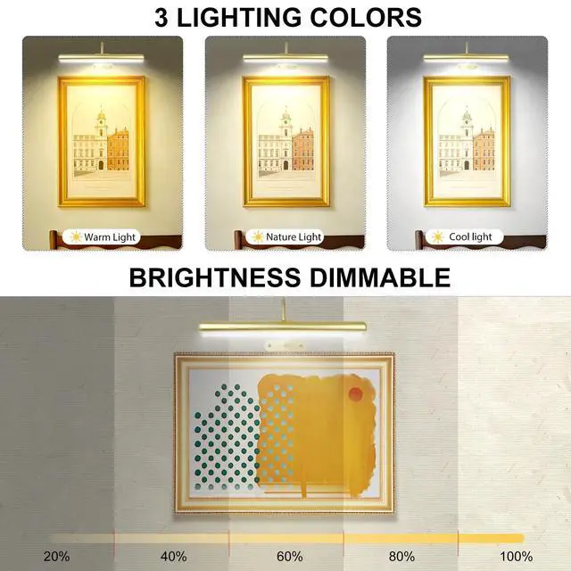 Alt view image 3 of 7 - Set of 2 Picture Lights on Wall Rechargeable and Remote, Full Metal Painting Light with 3 Lighting Colors Brightness Dimmable and Timer Auto-OFF, Above Artwork Dartbord Display Gallery Portrait