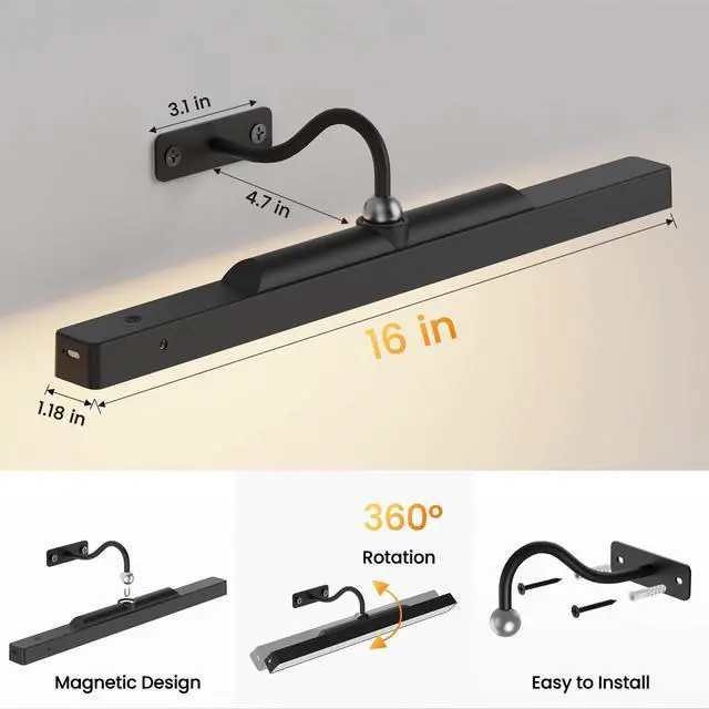 Alt view image 6 of 7 - Dimmable Cordless Picture Light for Wall 16in, 5000mAh Rechargeable Battery Wall Sconce Art Light, CRI 95+ 350LM Wall Light for Gallery Artwork, Paintings, Photo,Portraits - Black