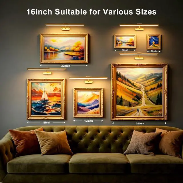 Alt view image 7 of 7 - Picture Lights for Wall, 16inch Rechargeable Art Light with Remote, 2Pack | Wireless, 4800mAh Battery Operated, 3 Color Temps Dimmable, Magnetic, LED Wall Lights for Painting Photo Frame Gallery, Gold