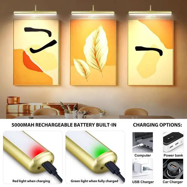 Alt view image 4 of 7 - Set of 2 Picture Lights on Wall Rechargeable and Remote, Full Metal Painting Light with 3 Lighting Colors Brightness Dimmable and Timer Auto-OFF, Above Artwork Dartbord Display Gallery Portrait
