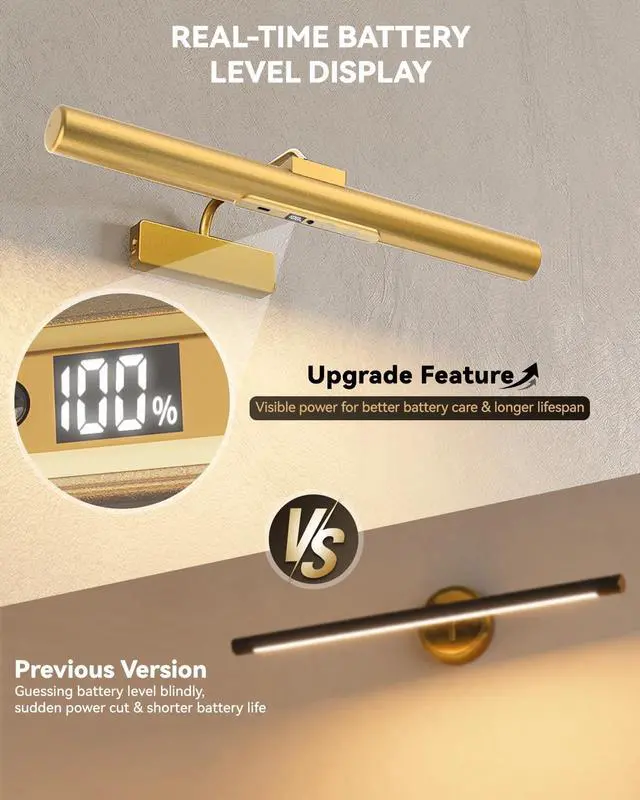 Alt view image 7 of 7 - Skairipa 13" Rechargeable Picture Light for Wall with Remote, Gold 1-Pack | wireless, 6000mAh battery, 3 color temps, with timer, Dimmable LED wall lights for art painting, frames, gallery, living roo