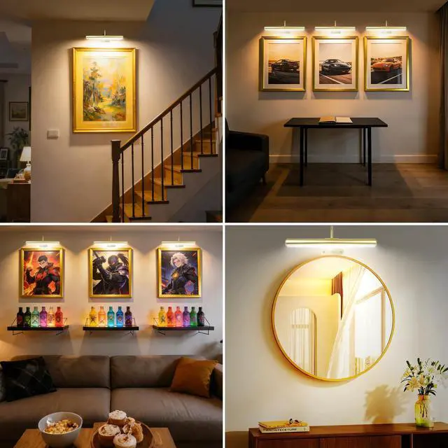 Alt view image 5 of 7 - Set of 2 Picture Lights on Wall Rechargeable and Remote, Full Metal Painting Light with 3 Lighting Colors Brightness Dimmable and Timer Auto-OFF, Above Artwork Dartbord Display Gallery Portrait
