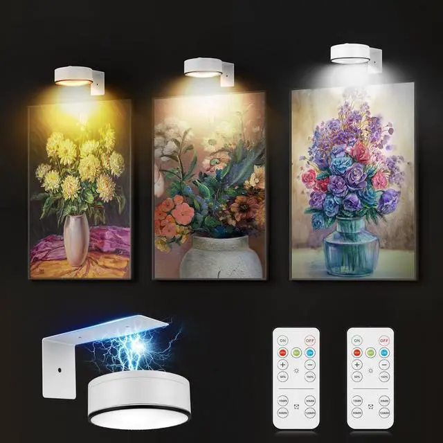 Main image of Arixinks 3Pcs Battery Picture Lights, Remote Painting Light for Art Disaplay,Magnetic Wall Picture Light Up/Down Light,Dimmable & Timer, 200LM 3 Lighting for Gallery Dartboard Frame Pictures
