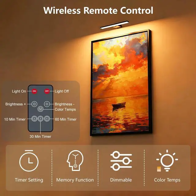 Alt view image 6 of 7 - Kitloo Picture Lights for Wall, 6000mAh Rechargeable Battery Powered, Remote Control Wall Sconces with 3 Colors & Dimmable, LED Art Lights for Paintings, Gallery, Dartboard