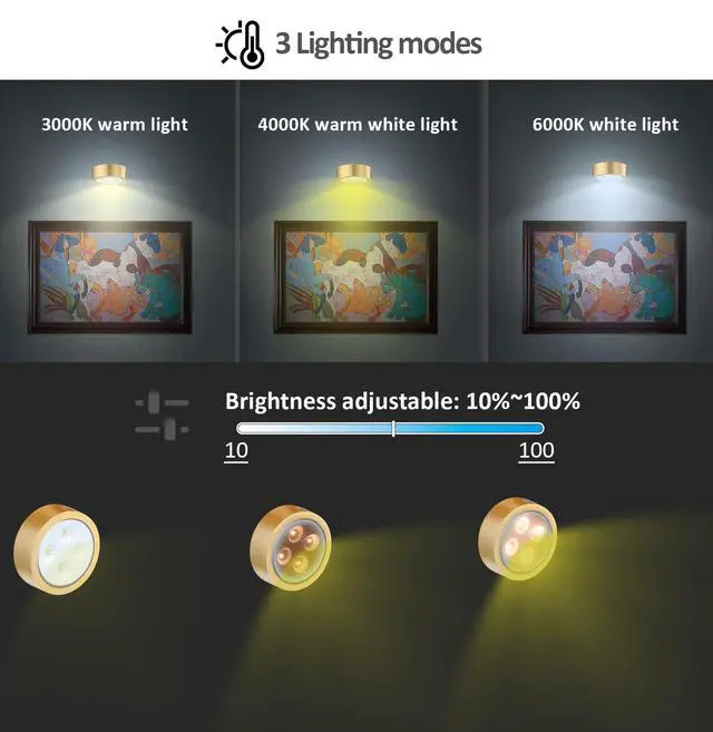 Alt view image 3 of 6 - MIOBLUE 3Pack Picture Light Battery Operated Painting Lights, Wireless Magnetic Display Art Light with Remote Controls,Dimmable Timer Portrait Light for Art Frame Artworking,Wall Decor Puck Light