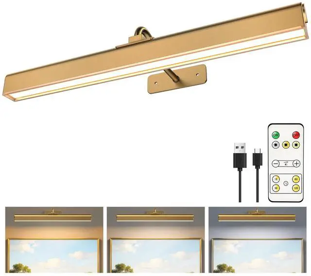 Main image of Picture Light for Wall, 5000mAh Rechargeable Cordless Wall Light,15.8'' Dimmable 3 Color Temperatures Magnetic Poster Light with Controller and Timer for Gallery, Living Room, Hallway(Gold)