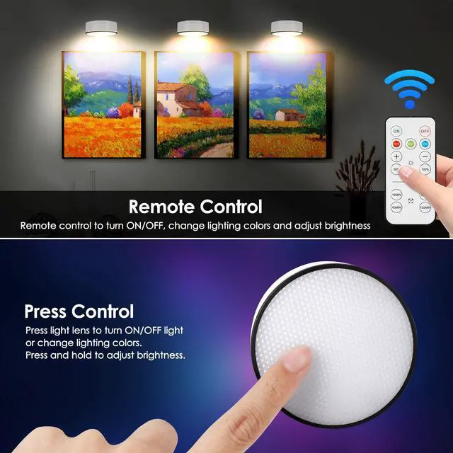 Alt view image 4 of 7 - Arixinks 3Pcs Battery Picture Lights, Remote Painting Light for Art Disaplay,Magnetic Wall Picture Light Up/Down Light,Dimmable & Timer, 200LM 3 Lighting for Gallery Dartboard Frame Pictures