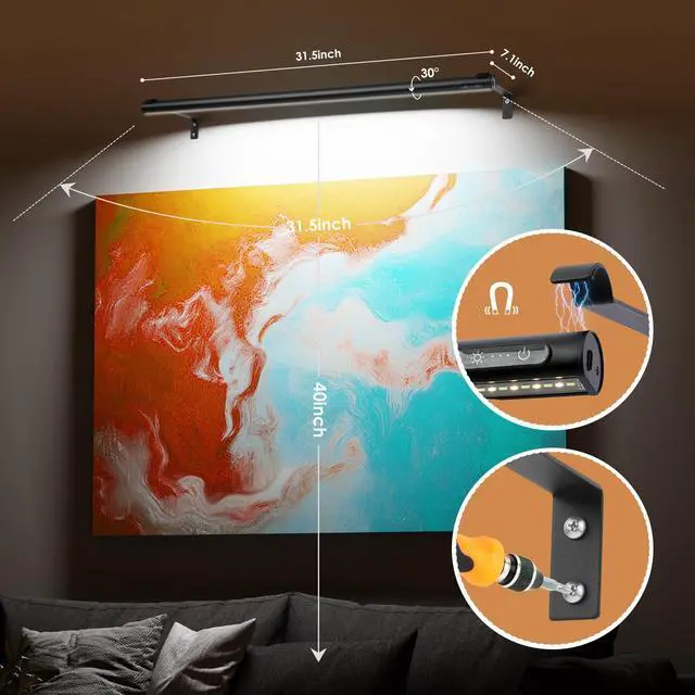 Alt view image 2 of 6 - Battery Operated Wireless Picture Light,Rechargeable/Plugged in 31.5inch Painting Display Light,Remote Control Wall Lights with Three Modes and Timing for Art Frame (Black)