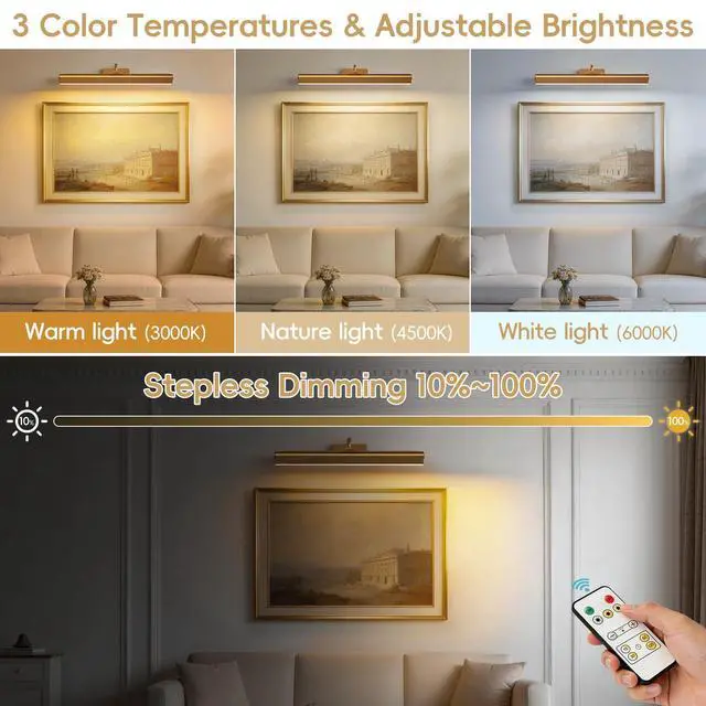 Alt view image 2 of 7 - Picture Light for Wall, 5000mAh Rechargeable Cordless Wall Light,15.8'' Dimmable 3 Color Temperatures Magnetic Poster Light with Controller and Timer for Gallery, Living Room, Hallway(Gold)
