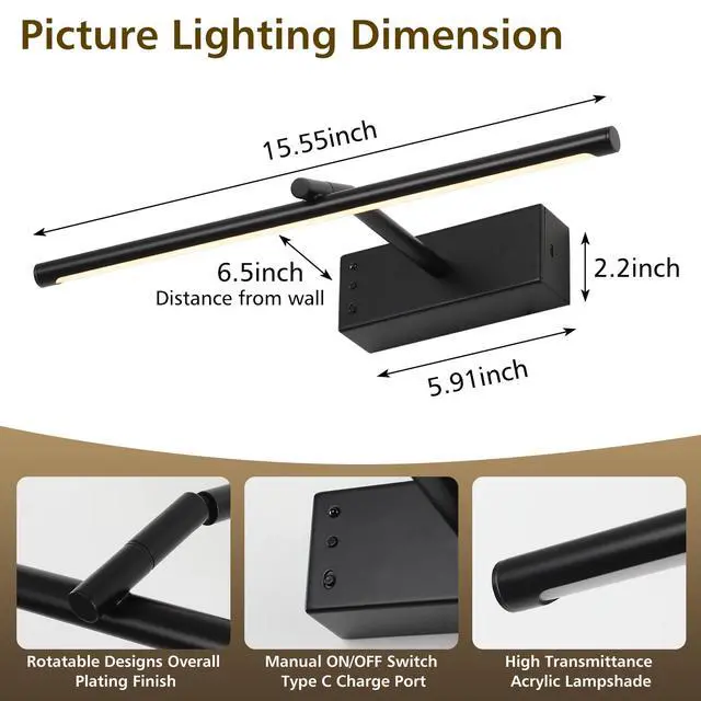 Alt view image 3 of 7 - 16in Wireless Picture Light, Battery Operated LED Wall Sconce | Dimmable 3 Color Temperature Gallery Lighting with Timer for Artwork, Painting, Wall Decor Display and Home Decoration
