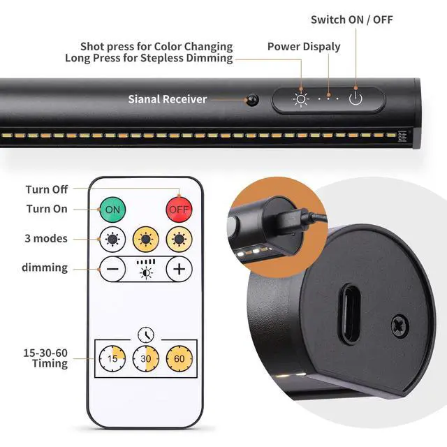 Alt view image 3 of 6 - Battery Operated Wireless Picture Light,Rechargeable/Plugged in 31.5inch Painting Display Light,Remote Control Wall Lights with Three Modes and Timing for Art Frame (Black)