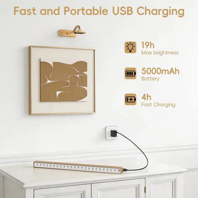 Alt view image 3 of 7 - Picture Light for Wall, 5000mAh Rechargeable Cordless Wall Light,15.8'' Dimmable 3 Color Temperatures Magnetic Poster Light with Controller and Timer for Gallery, Living Room, Hallway(Gold)