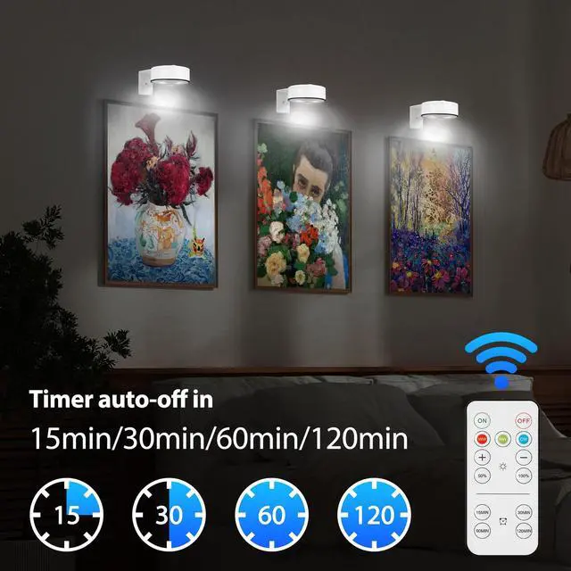 Alt view image 6 of 7 - Arixinks 3Pcs Battery Picture Lights, Remote Painting Light for Art Disaplay,Magnetic Wall Picture Light Up/Down Light,Dimmable & Timer, 200LM 3 Lighting for Gallery Dartboard Frame Pictures