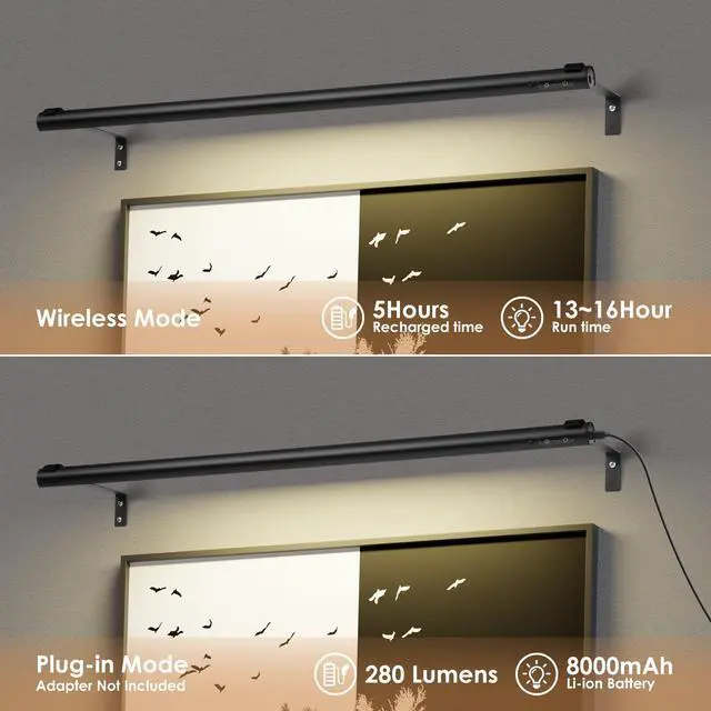 Alt view image 4 of 6 - Battery Operated Wireless Picture Light,Rechargeable/Plugged in 31.5inch Painting Display Light,Remote Control Wall Lights with Three Modes and Timing for Art Frame (Black)